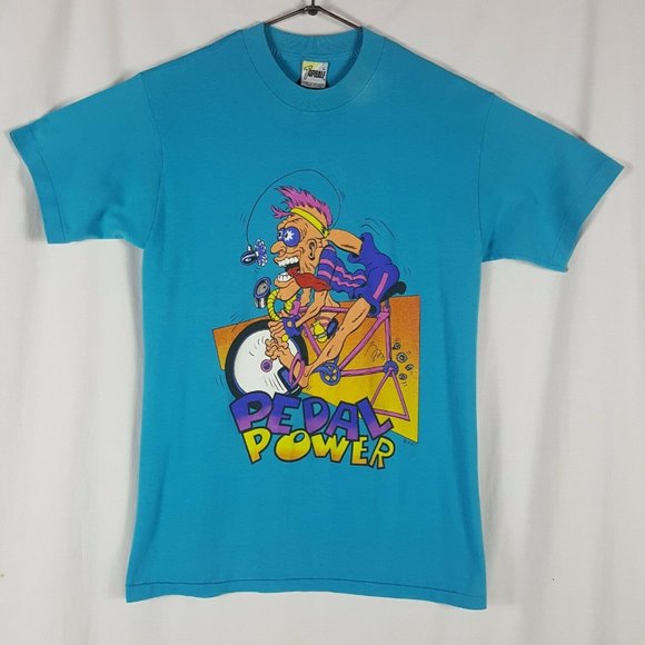 Vtg 80s Pedal Power Cyclist T-Shirt L Blue Single - Picture 2 of 6